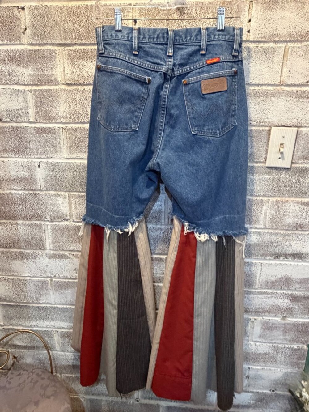 Vintage Wrangler Upcycled Fringe Patchwork Jeans Boho Festival Western - Picture 3 of 5
